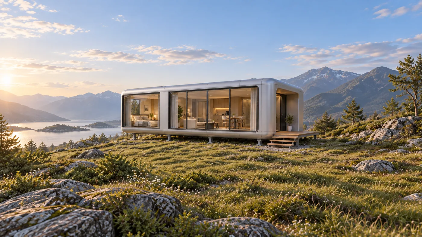 Silver capsule cabin architectural visualisation in a quiet natural setting
