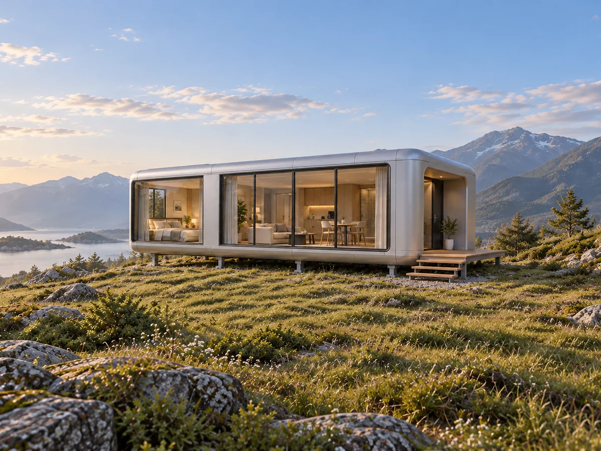 Rounded silver capsule cabin concept with panoramic glazing