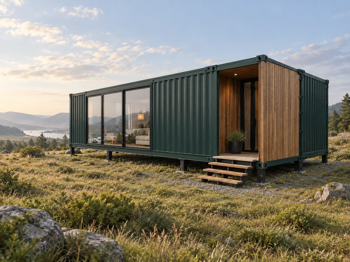 Forest-green container building concept with a timber-lined entrance