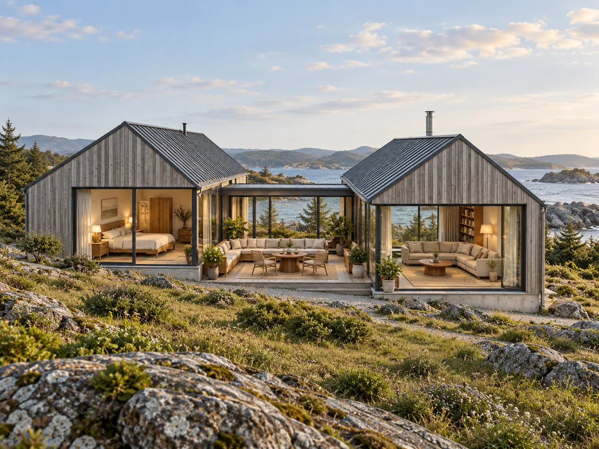 Pitched-roof custom home exterior concept; structural system subject to design